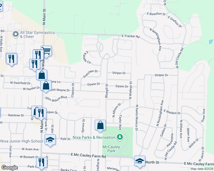 map of restaurants, bars, coffee shops, grocery stores, and more near 1056 Bluegill Street in Nixa