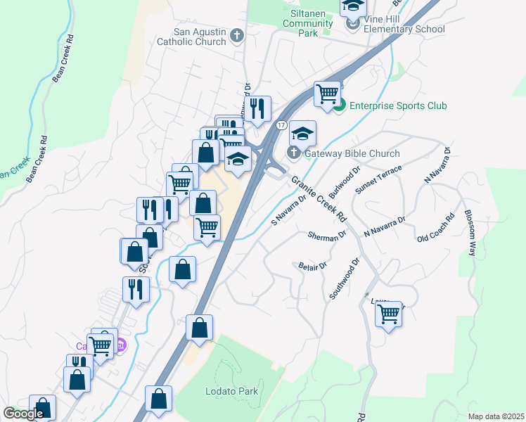 map of restaurants, bars, coffee shops, grocery stores, and more near 27 Meadow Way in Scotts Valley