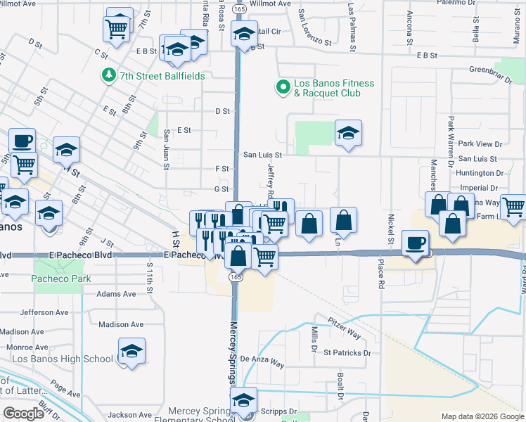 map of restaurants, bars, coffee shops, grocery stores, and more near 1359 Canal Farm Lane in Los Banos