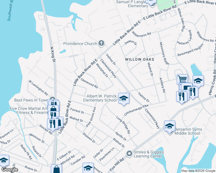 map of restaurants, bars, coffee shops, grocery stores, and more near 147 Glenwood Road in Hampton