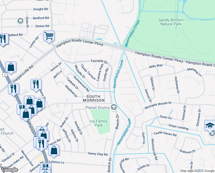 map of restaurants, bars, coffee shops, grocery stores, and more near 725 Gunby Road in Newport News