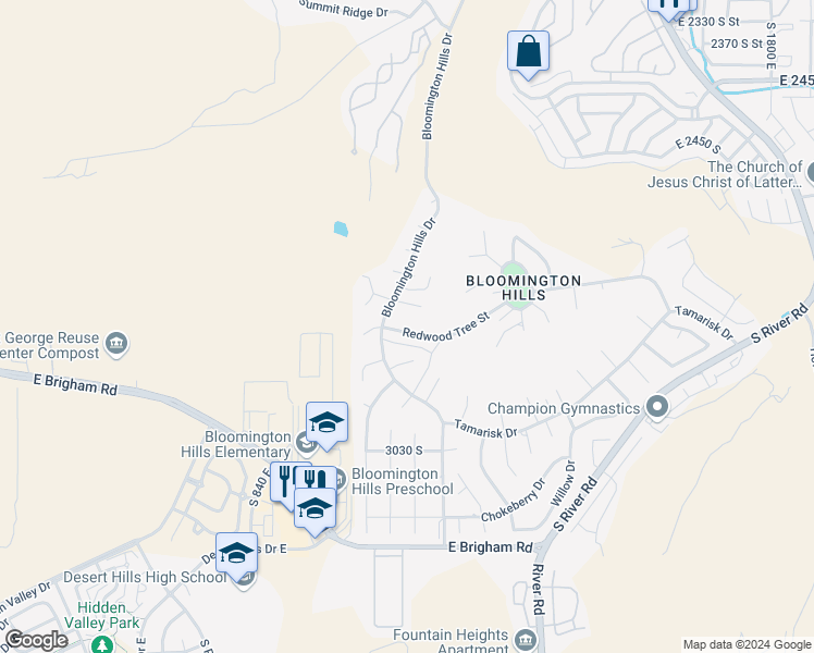 map of restaurants, bars, coffee shops, grocery stores, and more near 1135 Redwood Tree Street in St. George