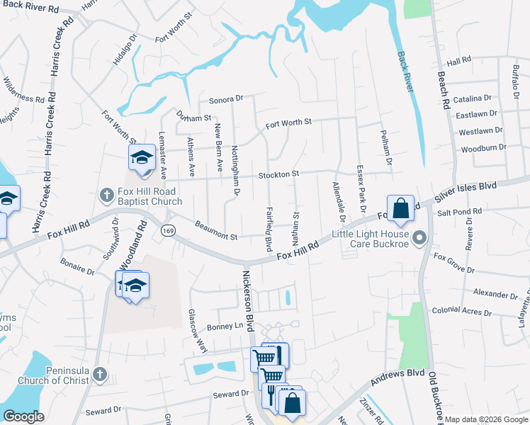 map of restaurants, bars, coffee shops, grocery stores, and more near 623 Fairfield Boulevard in Hampton