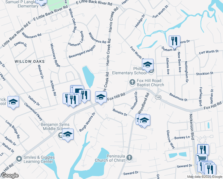 map of restaurants, bars, coffee shops, grocery stores, and more near 14 Harris Creek Road in Hampton