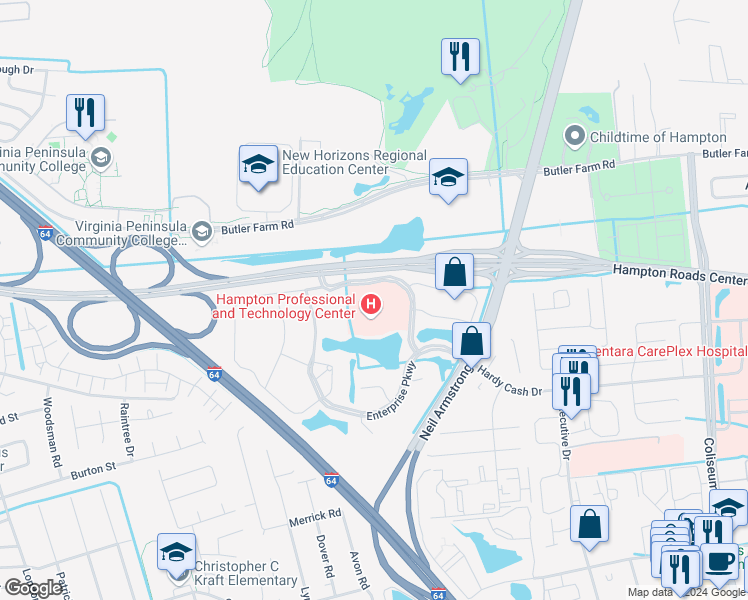 map of restaurants, bars, coffee shops, grocery stores, and more near 903 Enterprise Parkway in Hampton