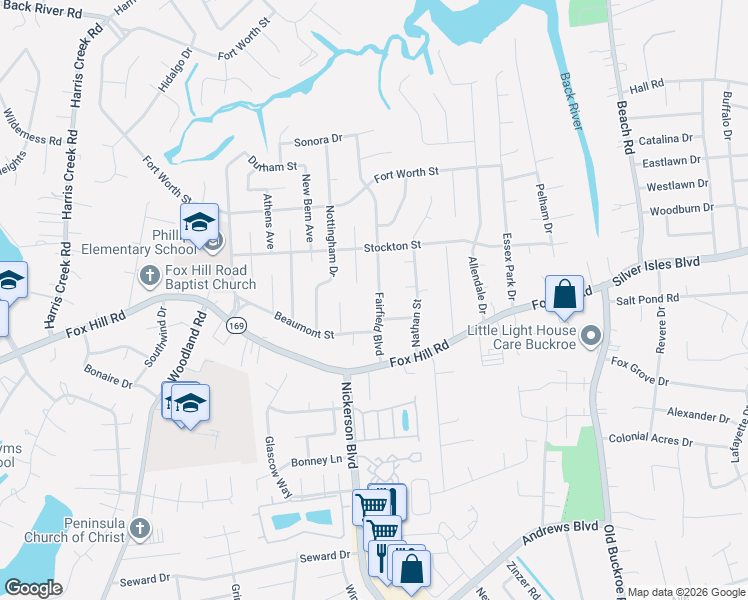 map of restaurants, bars, coffee shops, grocery stores, and more near 623 Fairfield Boulevard in Hampton