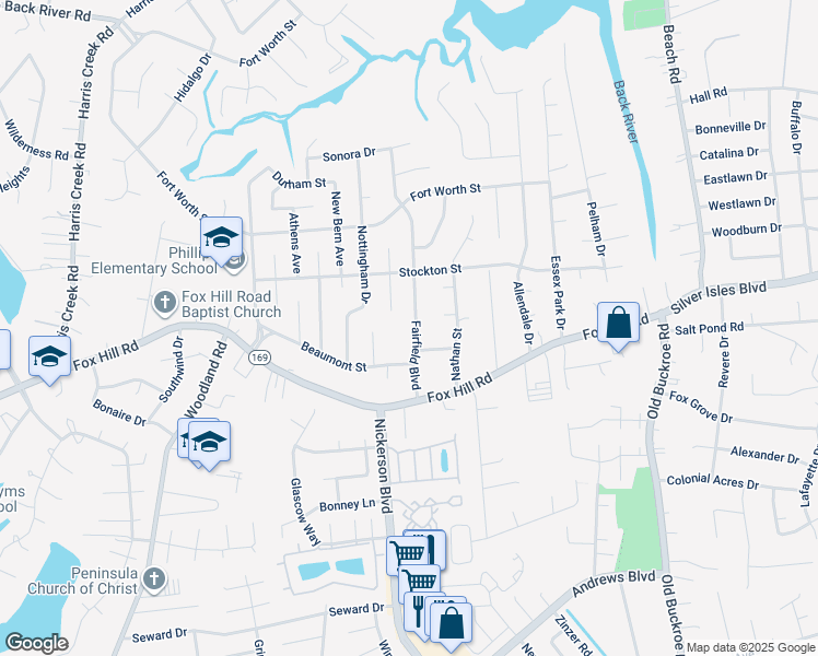 map of restaurants, bars, coffee shops, grocery stores, and more near 623 Fairfield Boulevard in Hampton