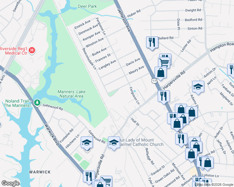 map of restaurants, bars, coffee shops, grocery stores, and more near 8 Newport Avenue in Newport News