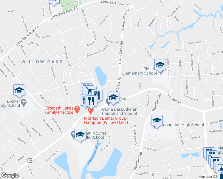 map of restaurants, bars, coffee shops, grocery stores, and more near 13 Harris Creek Road in Hampton