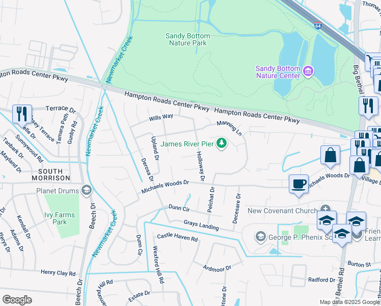 map of restaurants, bars, coffee shops, grocery stores, and more near 6 Paquette Court in Hampton