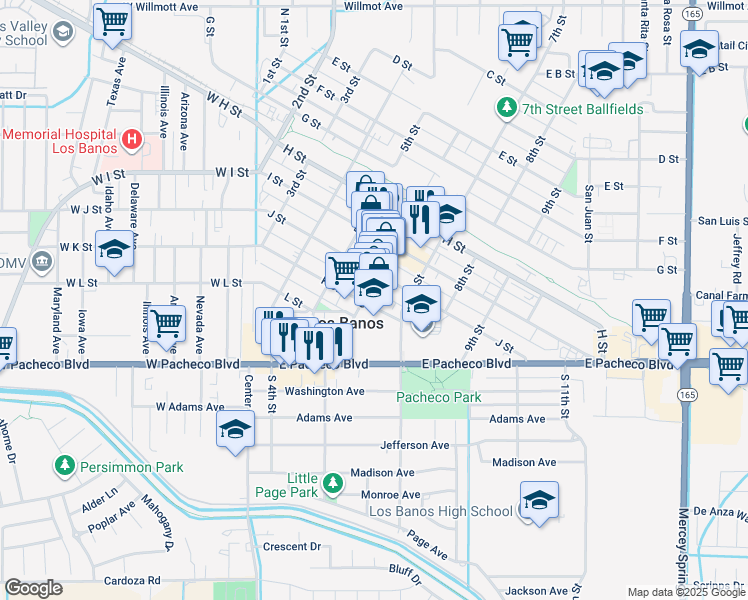 map of restaurants, bars, coffee shops, grocery stores, and more near 1044 6th Street in Los Banos