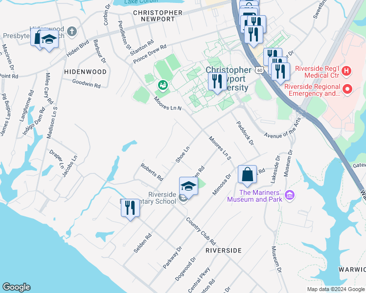 map of restaurants, bars, coffee shops, grocery stores, and more near 116 Shoe Lane in Newport News