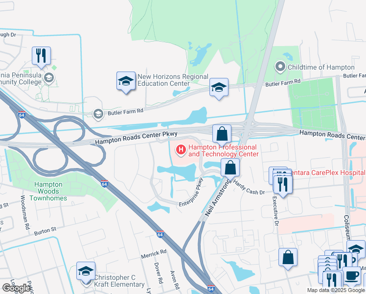 map of restaurants, bars, coffee shops, grocery stores, and more near 903 Enterprise Parkway in Hampton