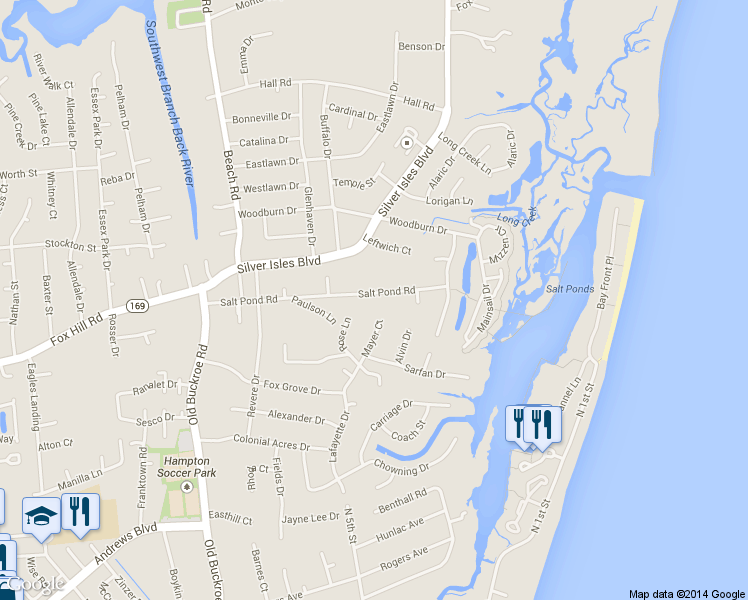 map of restaurants, bars, coffee shops, grocery stores, and more near 200 Salt Pond Road in Hampton