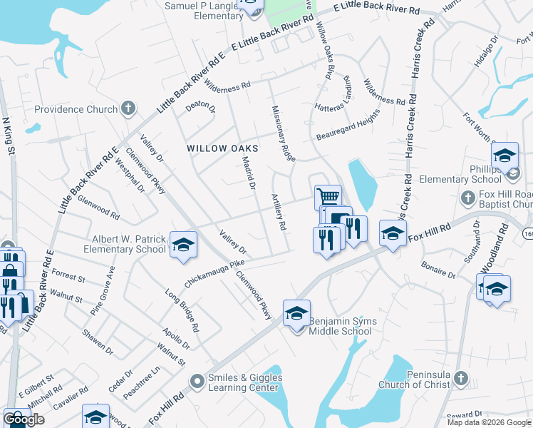 map of restaurants, bars, coffee shops, grocery stores, and more near 203 Madrid Drive in Hampton
