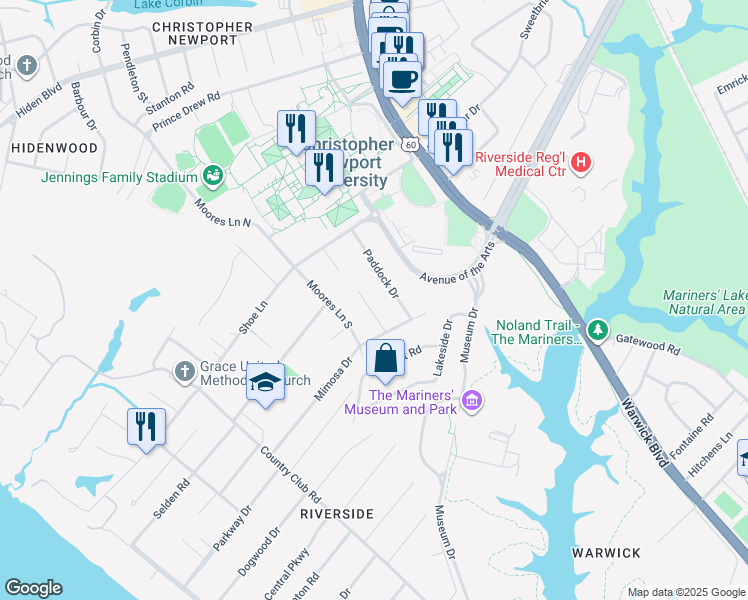 map of restaurants, bars, coffee shops, grocery stores, and more near 11 Cale Circle in Newport News