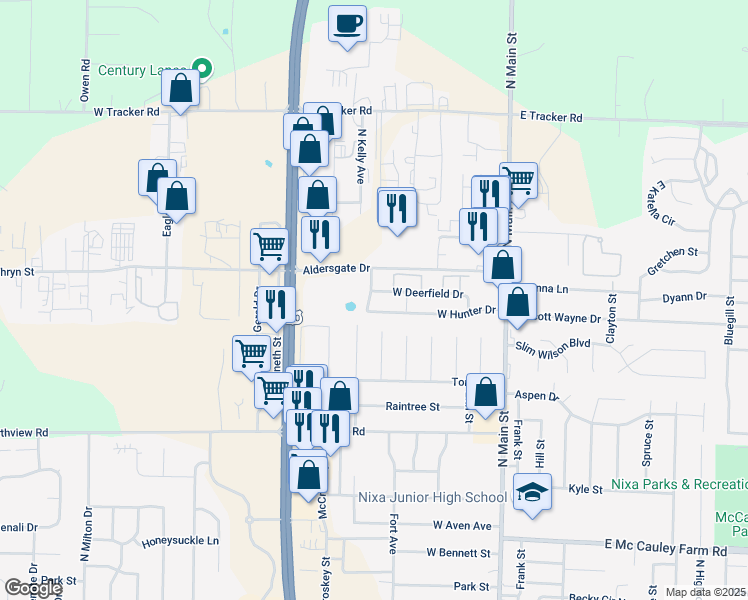 map of restaurants, bars, coffee shops, grocery stores, and more near 309 West Hunter Drive in Nixa
