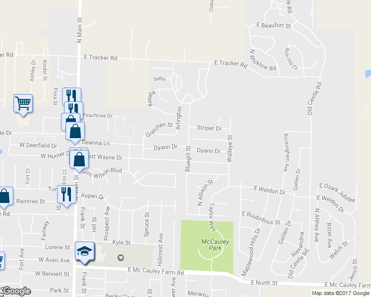 map of restaurants, bars, coffee shops, grocery stores, and more near 614 Dyann Drive in Nixa
