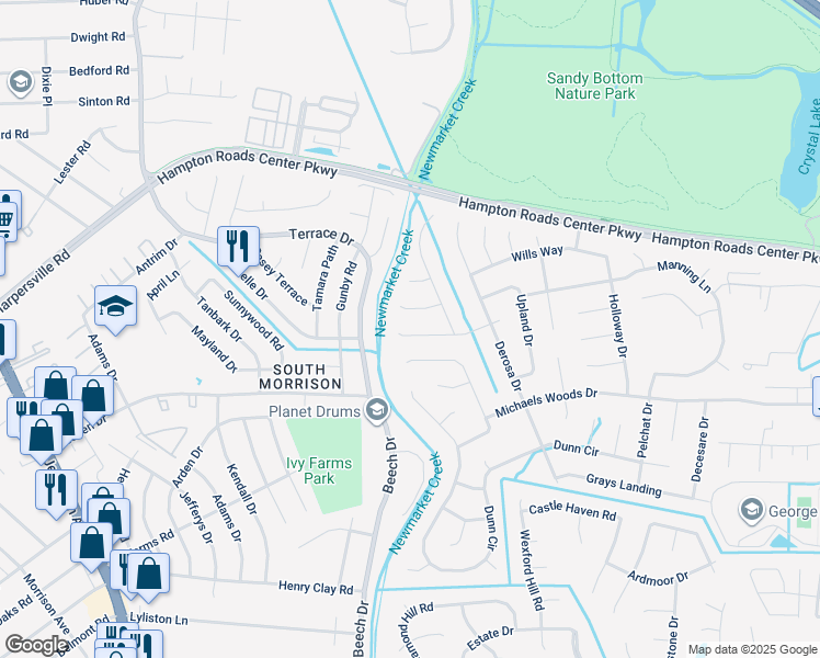 map of restaurants, bars, coffee shops, grocery stores, and more near 32 Devore Avenue in Hampton