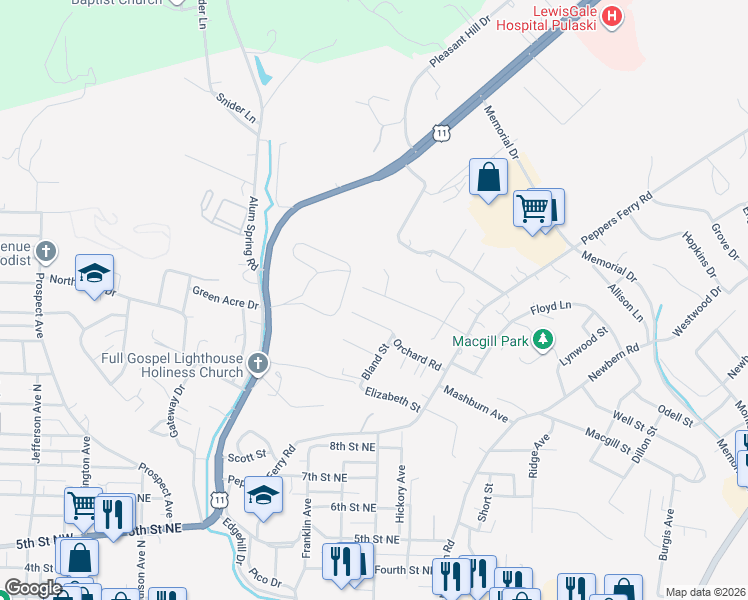 map of restaurants, bars, coffee shops, grocery stores, and more near 612 Mathews Court in Pulaski
