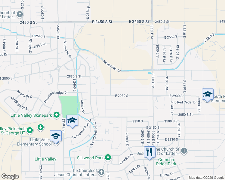 map of restaurants, bars, coffee shops, grocery stores, and more near 2726 Ashwood Lane in St. George
