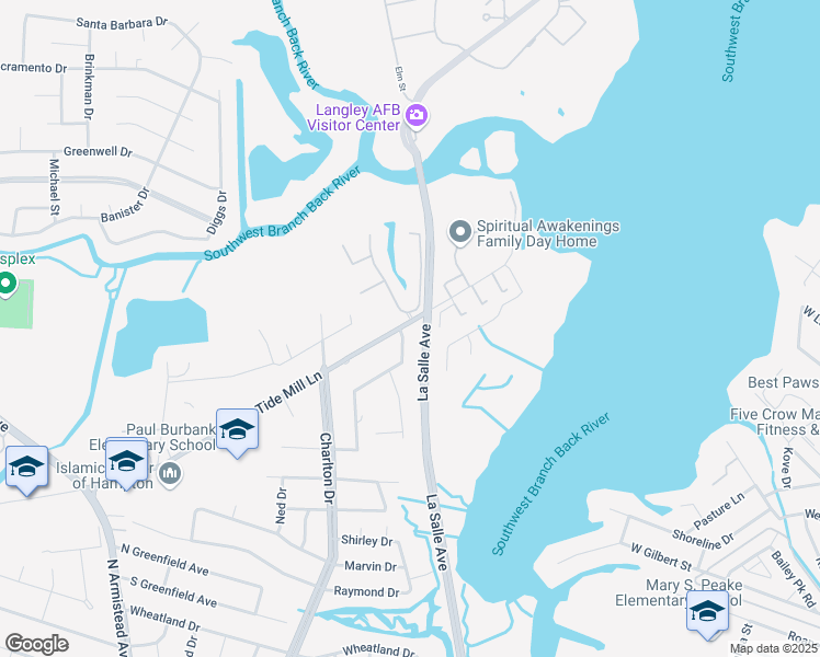 map of restaurants, bars, coffee shops, grocery stores, and more near 92 Tide Mill Lane in Hampton