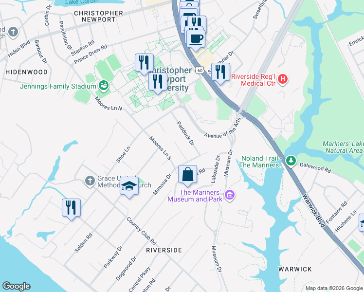 map of restaurants, bars, coffee shops, grocery stores, and more near 11 Cale Circle in Newport News