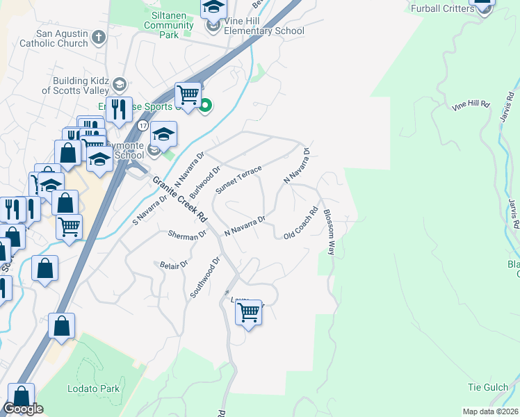 map of restaurants, bars, coffee shops, grocery stores, and more near 224 El Camino Road in Scotts Valley
