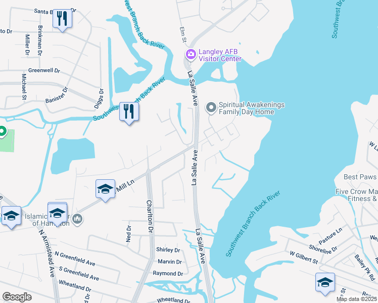 map of restaurants, bars, coffee shops, grocery stores, and more near 92 Tide Mill Lane in Hampton