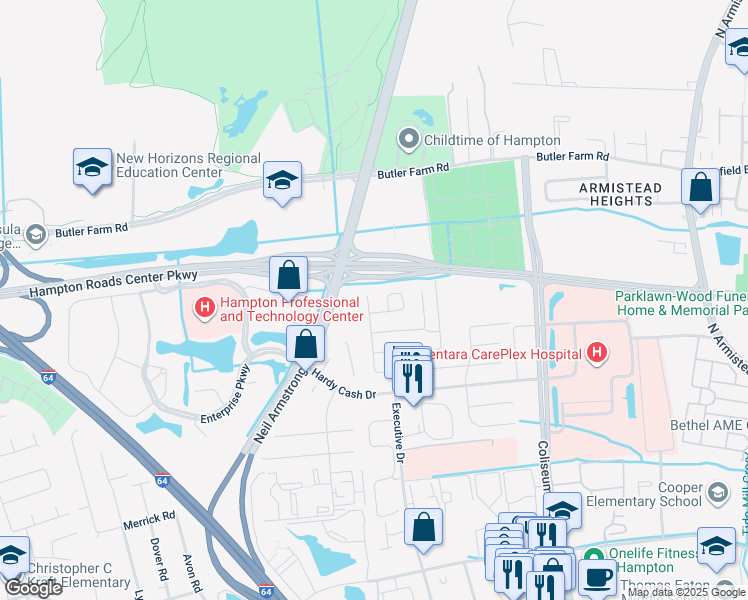map of restaurants, bars, coffee shops, grocery stores, and more near 1538 Paul Jack Drive in Hampton