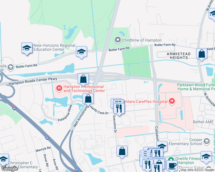 map of restaurants, bars, coffee shops, grocery stores, and more near 1538 Paul Jack Drive in Hampton