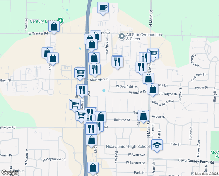 map of restaurants, bars, coffee shops, grocery stores, and more near 1016 Pheasant Run in Nixa