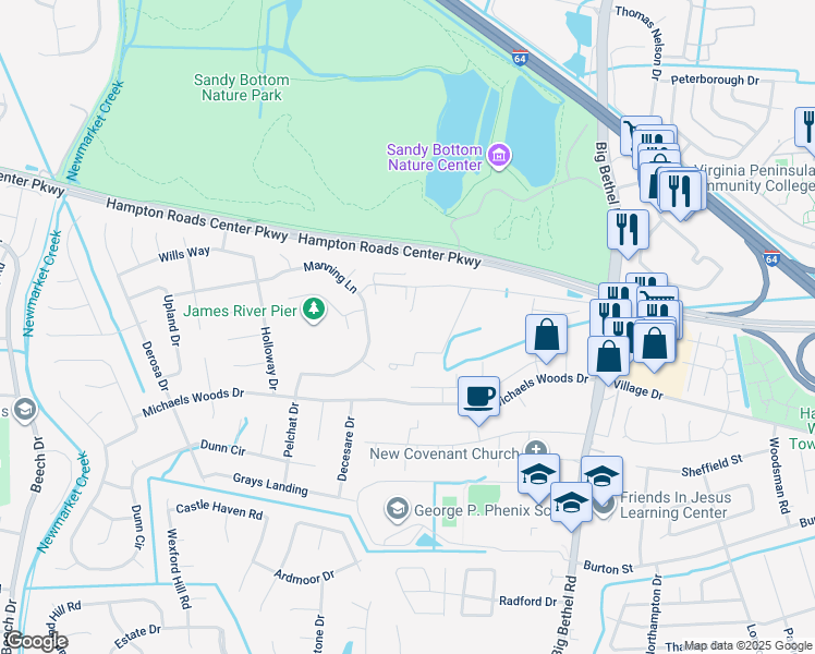 map of restaurants, bars, coffee shops, grocery stores, and more near 69 Woods Lane in Hampton