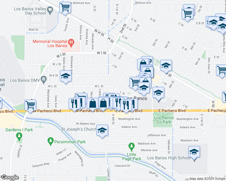 map of restaurants, bars, coffee shops, grocery stores, and more near 1215 4th Street in Los Banos