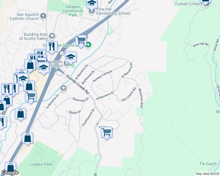 map of restaurants, bars, coffee shops, grocery stores, and more near 110 Hilltop Way in Scotts Valley
