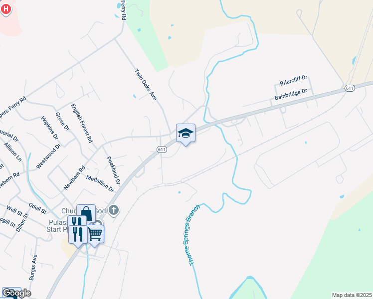 map of restaurants, bars, coffee shops, grocery stores, and more near 100 Critzer Drive in Pulaski
