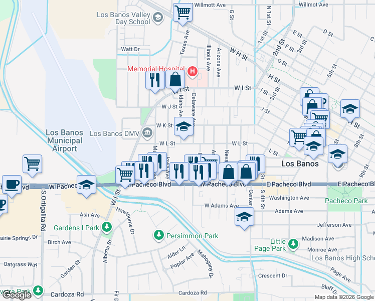 map of restaurants, bars, coffee shops, grocery stores, and more near 545 West L Street in Los Banos