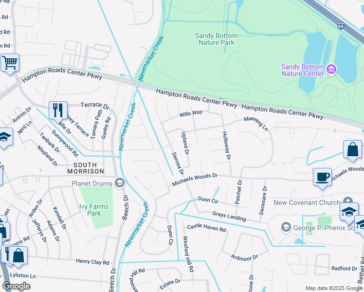 map of restaurants, bars, coffee shops, grocery stores, and more near 218 Upland Drive in Hampton