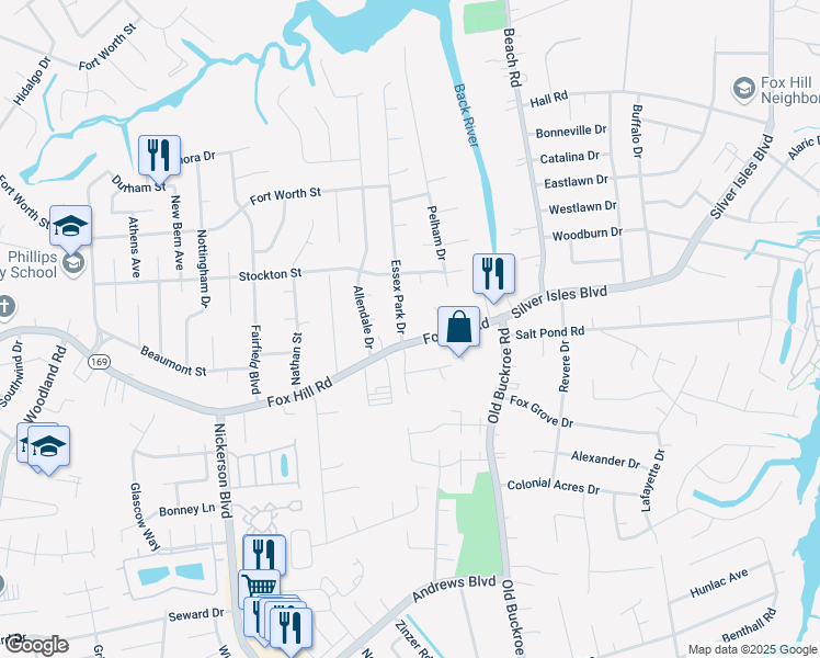 map of restaurants, bars, coffee shops, grocery stores, and more near 525 Fox Hill Road in Hampton