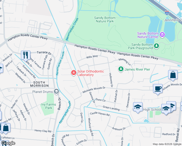 map of restaurants, bars, coffee shops, grocery stores, and more near 218 Upland Drive in Hampton
