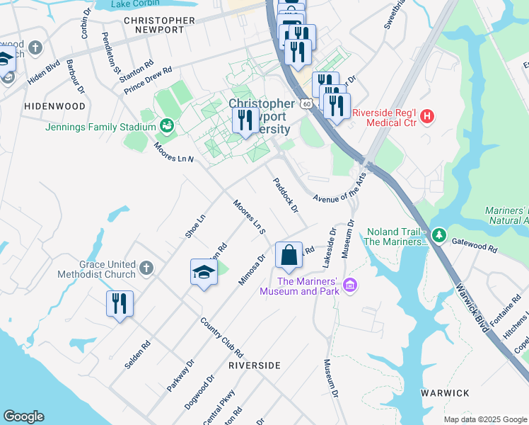 map of restaurants, bars, coffee shops, grocery stores, and more near 24 Moores Lane North in Newport News