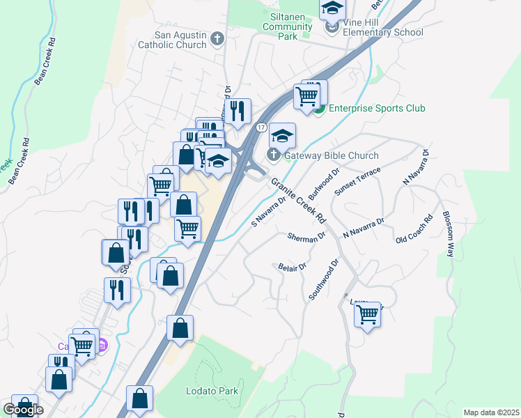 map of restaurants, bars, coffee shops, grocery stores, and more near 27 Meadow Way in Scotts Valley