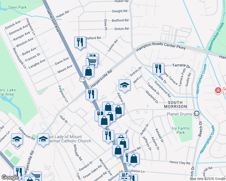 map of restaurants, bars, coffee shops, grocery stores, and more near 761 Adams Drive in Newport News