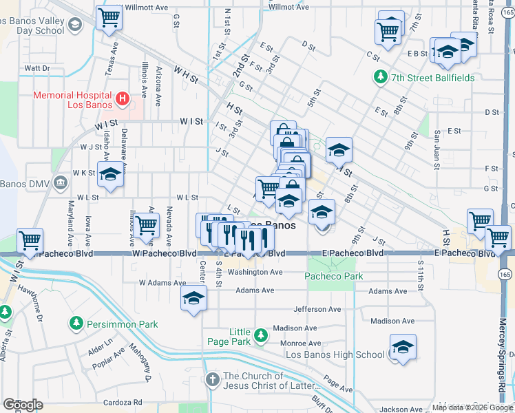 map of restaurants, bars, coffee shops, grocery stores, and more near in Los Banos