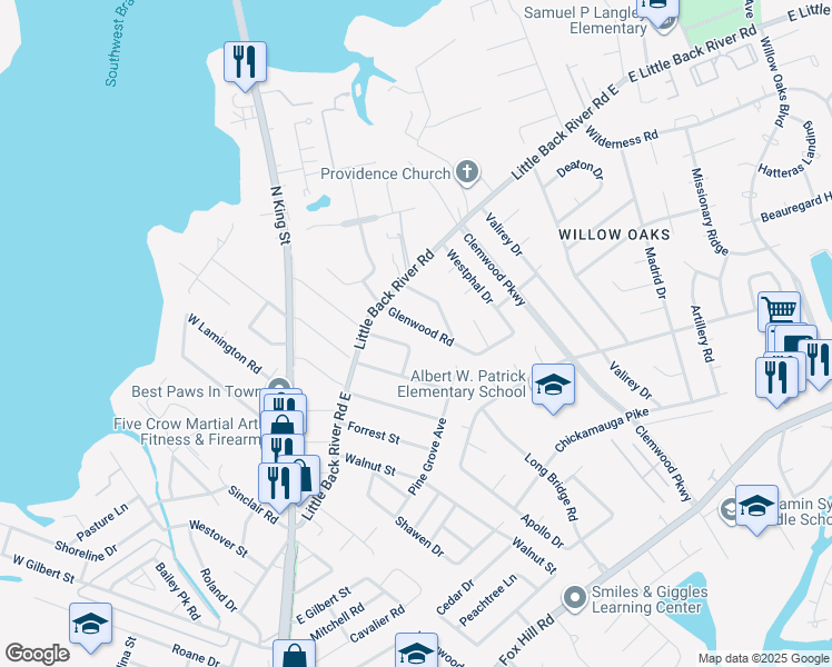map of restaurants, bars, coffee shops, grocery stores, and more near 116 Glenwood Road in Hampton