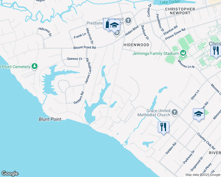 map of restaurants, bars, coffee shops, grocery stores, and more near 28 Madison Lane South in Newport News