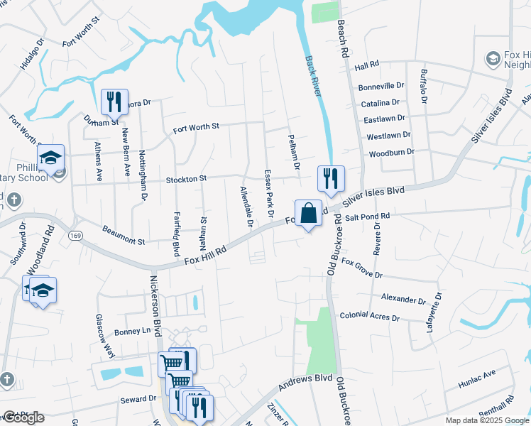 map of restaurants, bars, coffee shops, grocery stores, and more near 605 Essex Park Drive in Hampton