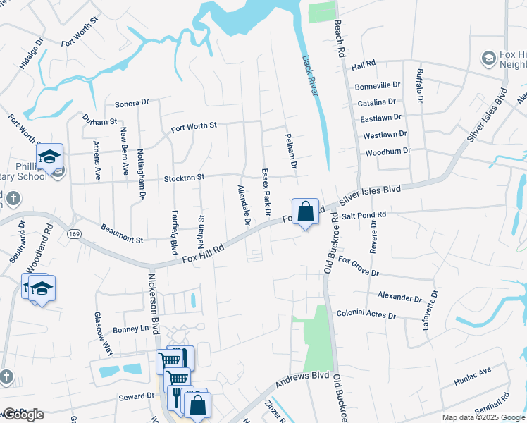 map of restaurants, bars, coffee shops, grocery stores, and more near 605 Essex Park Drive in Hampton