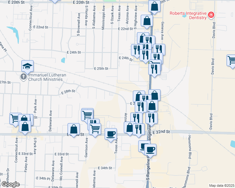 map of restaurants, bars, coffee shops, grocery stores, and more near East 26th Street in Joplin