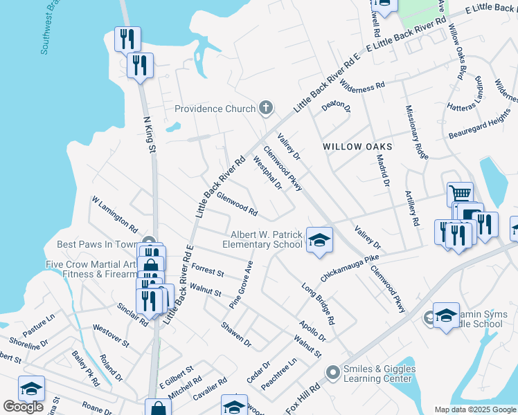 map of restaurants, bars, coffee shops, grocery stores, and more near 127 Rosewood Drive in Hampton